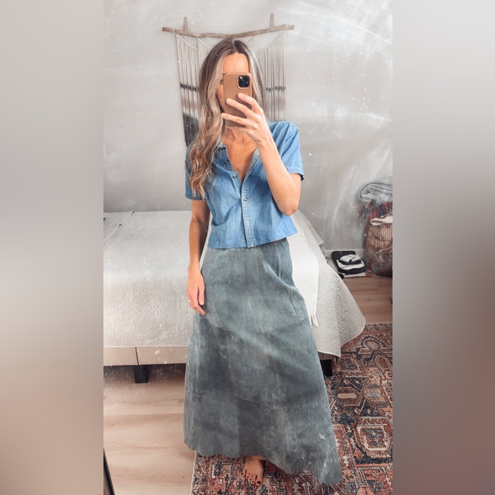 Vintage Blue Suede Maxi Skirt — Boho Western 90s Minimalist
